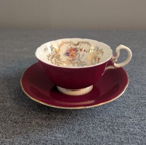 Aynsley Red/Magenta Tea Cup and Saucer with Floral Pattern and Gold Vines